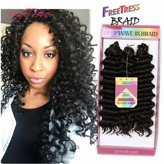 Deep Wave Crochet Braids 3Pcs/Pack 10 Inch Bouncy Curl Synthetic Hair Extensions (Two Packs for Full Head)